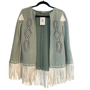 Blue B Women's Embroidered Fringe Poncho Size S Mint Green